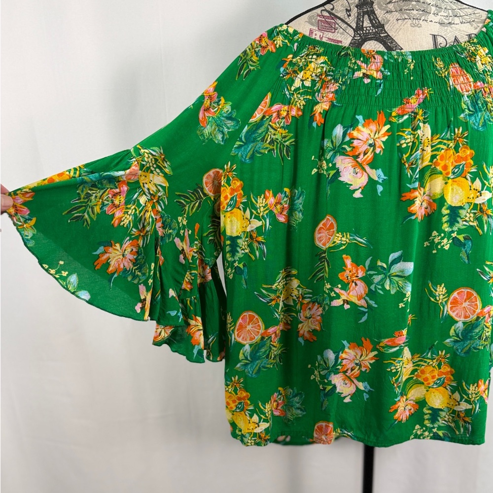 Cato Green Citrus Floral Off Shoulder Boho Tunic Top L - Picture 8 of 13